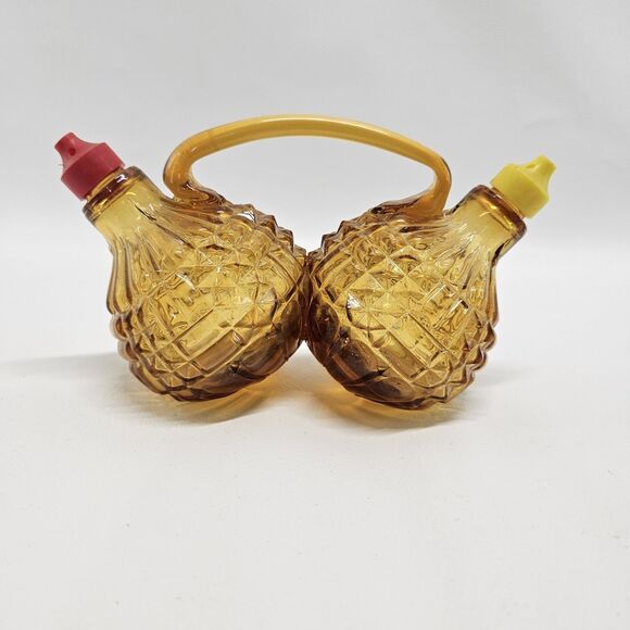 Vtg Amber Glass Oil Vinegar Cruet Set Diamond Pattern Red Yellow Spout Handle - Picture 2 of 13